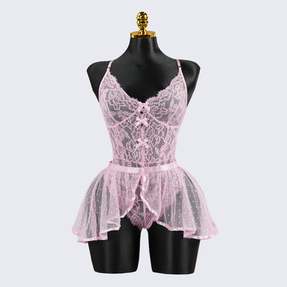 Sexy Pink Lace Embroidery Seduction Bodysuit Skirt Set