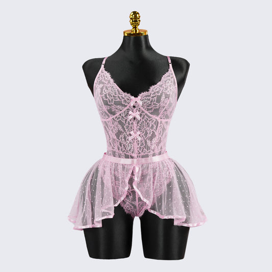 Sexy Pink Lace Embroidery Seduction Bodysuit Skirt Set
