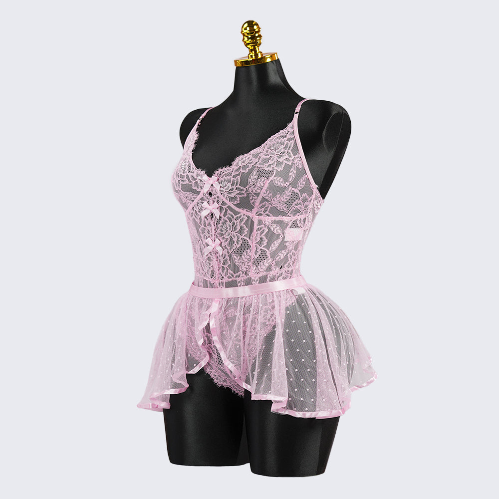 Sexy Pink Lace Embroidery Seduction Bodysuit Skirt Set