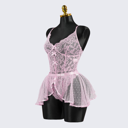 Sexy Pink Lace Embroidery Seduction Bodysuit Skirt Set
