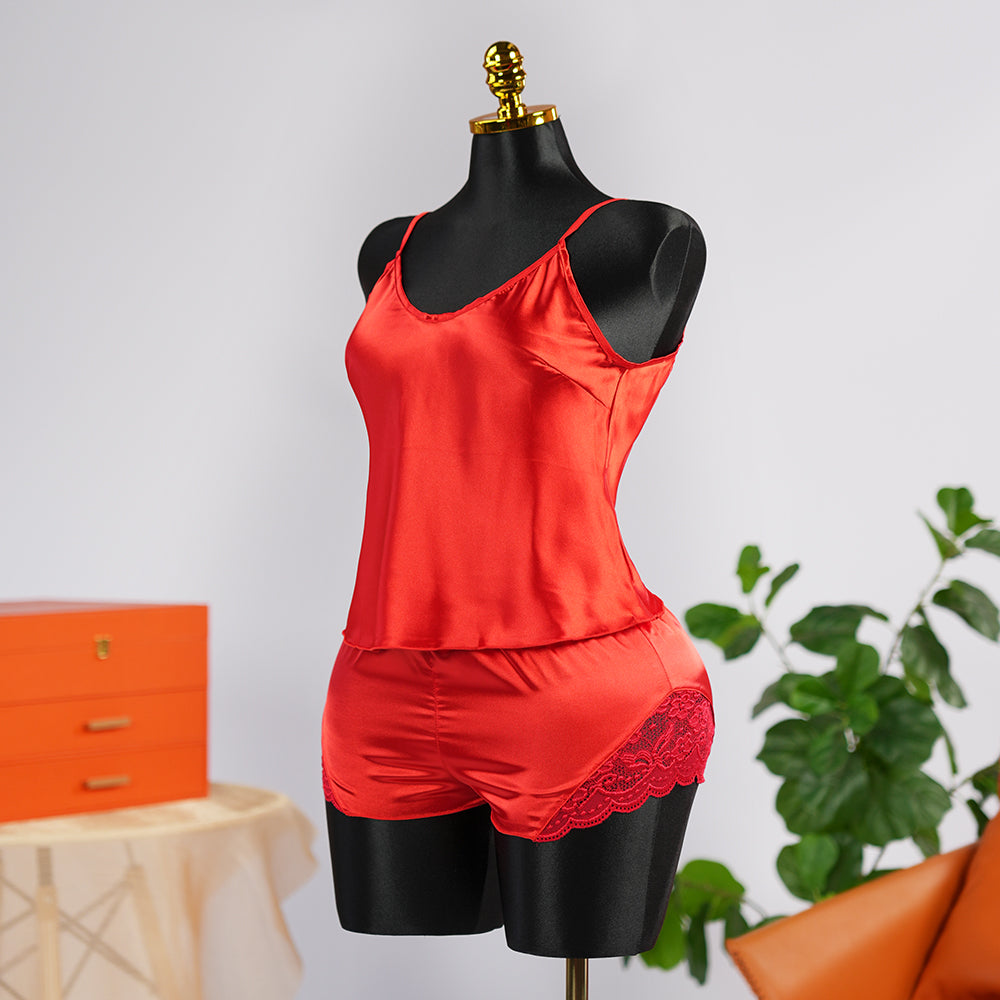 Sexy Red Silk Lace Seduction Exposed Pajamas Set