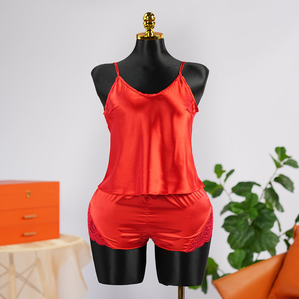 Sexy Red Silk Lace Seduction Exposed Pajamas Set