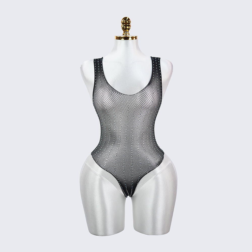Sexy Seductive Rhinestone Crystal Lingerie Mesh Bodysuit