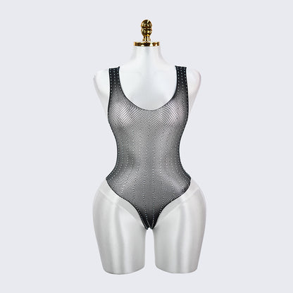 Sexy Seductive Rhinestone Crystal Lingerie Mesh Bodysuit