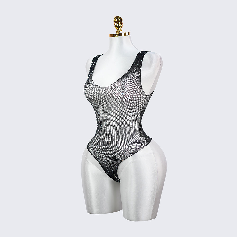 Sexy Seductive Rhinestone Crystal Lingerie Mesh Bodysuit
