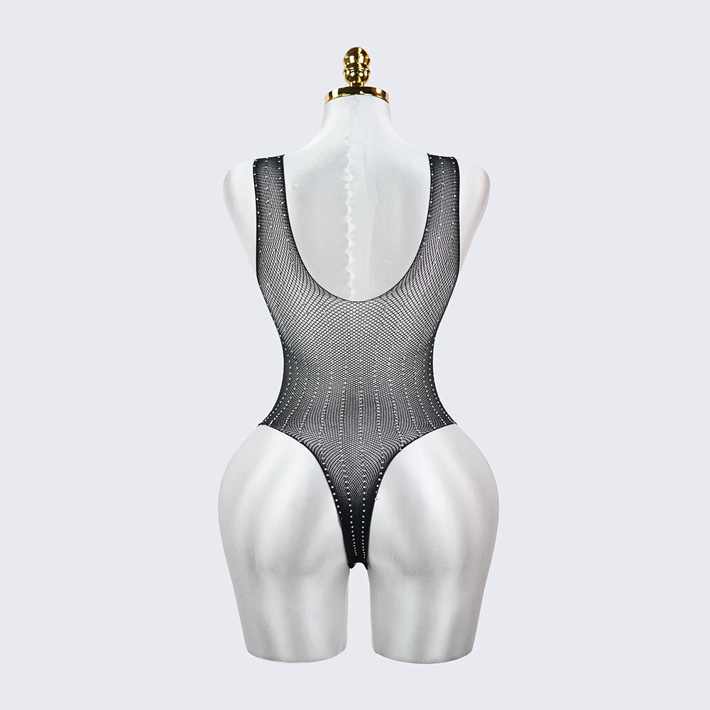 Sexy Seductive Rhinestone Crystal Lingerie Mesh Bodysuit