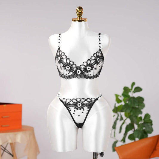 Sheer Lace Floral Embroidery Bra Panty Set