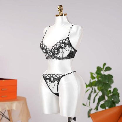 Sheer Lace Floral Embroidery Bra Panty Set