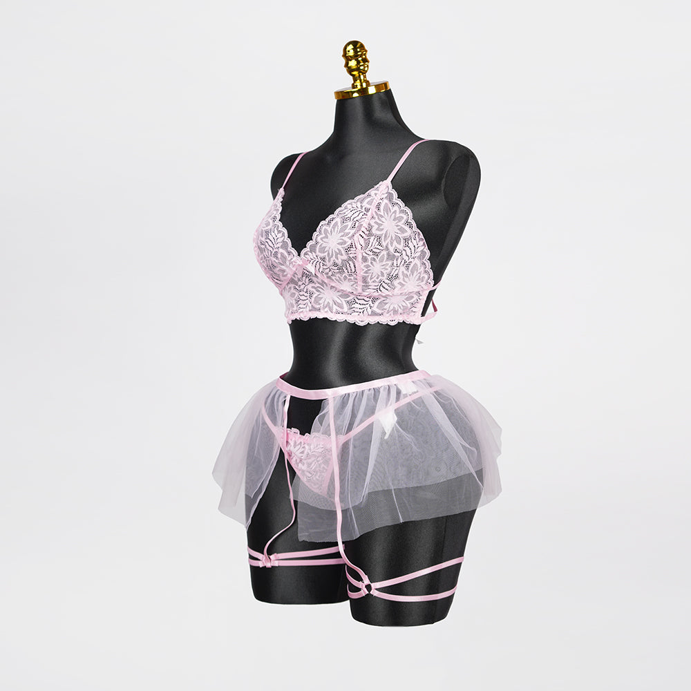 Plus Size Sheer Lace Bra Panty Set with Mesh Skirt