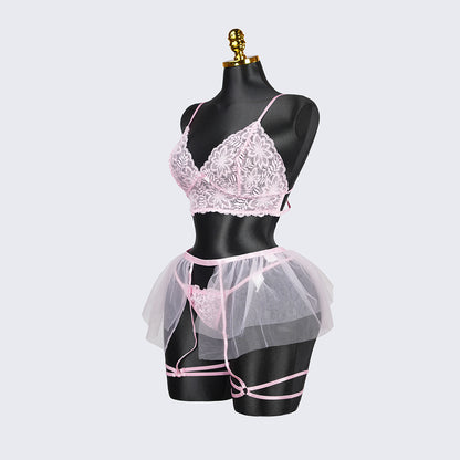 Plus Size Sheer Lace Bra Panty Set with Mesh Skirt