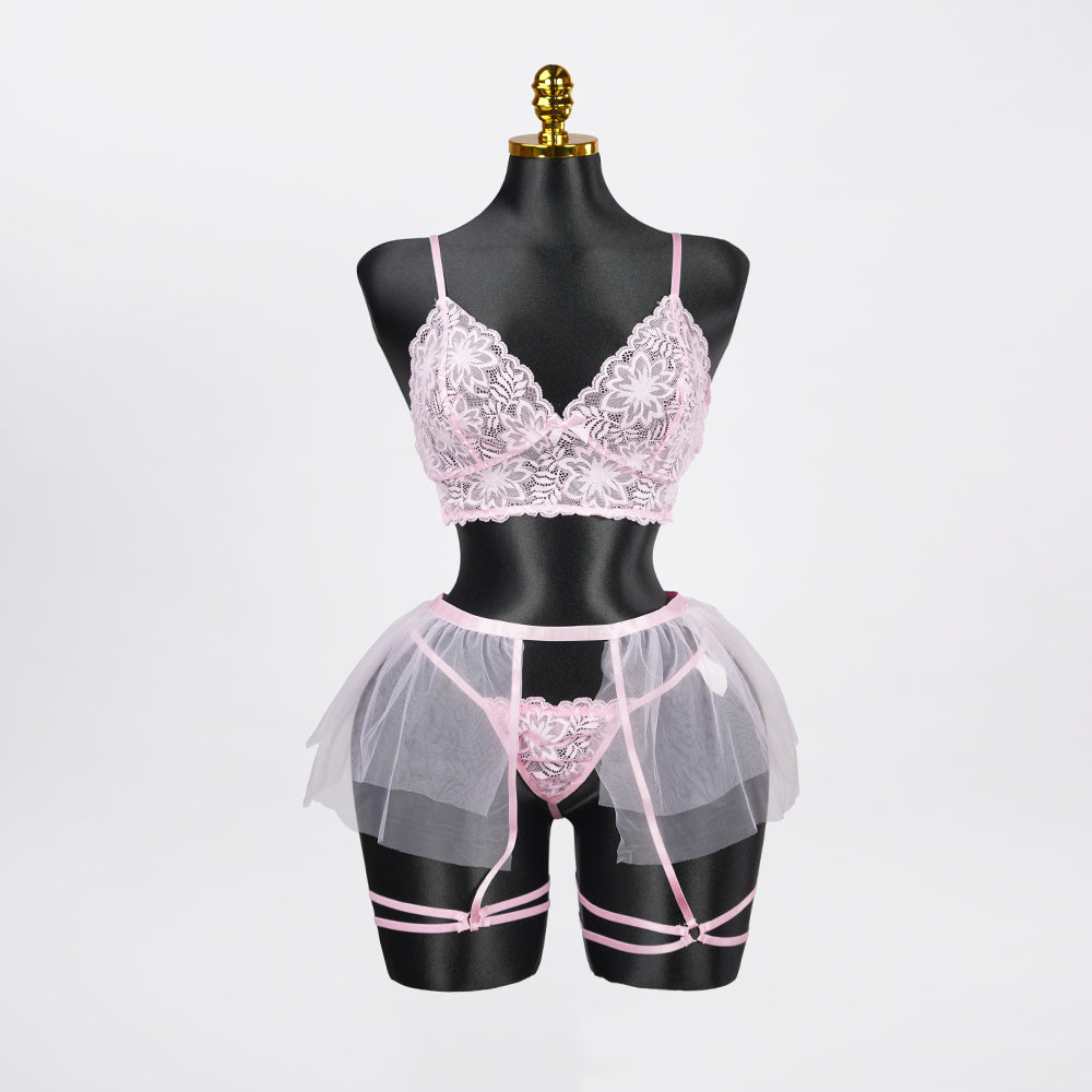 Plus Size Sheer Lace Bra Panty Set with Mesh Skirt