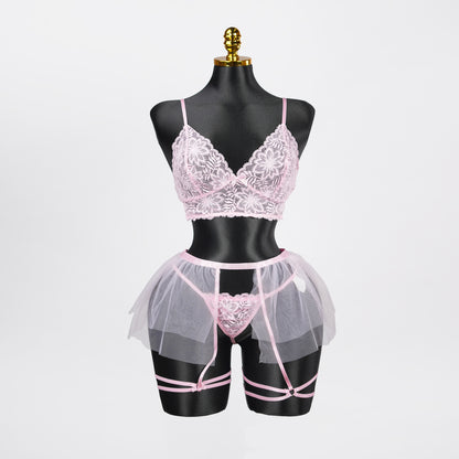 Plus Size Sheer Lace Bra Panty Set with Mesh Skirt