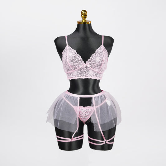 Plus Size Sheer Lace Bra Panty Set with Mesh Skirt
