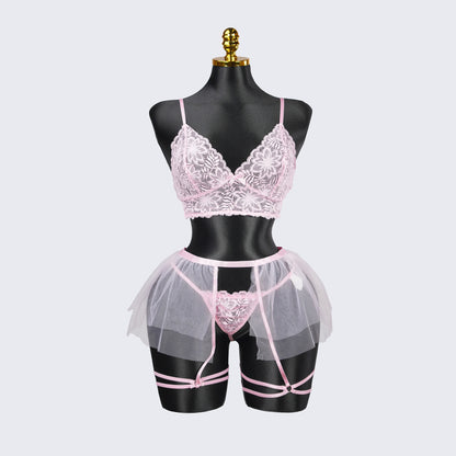 Plus Size Sheer Lace Bra Panty Set with Mesh Skirt