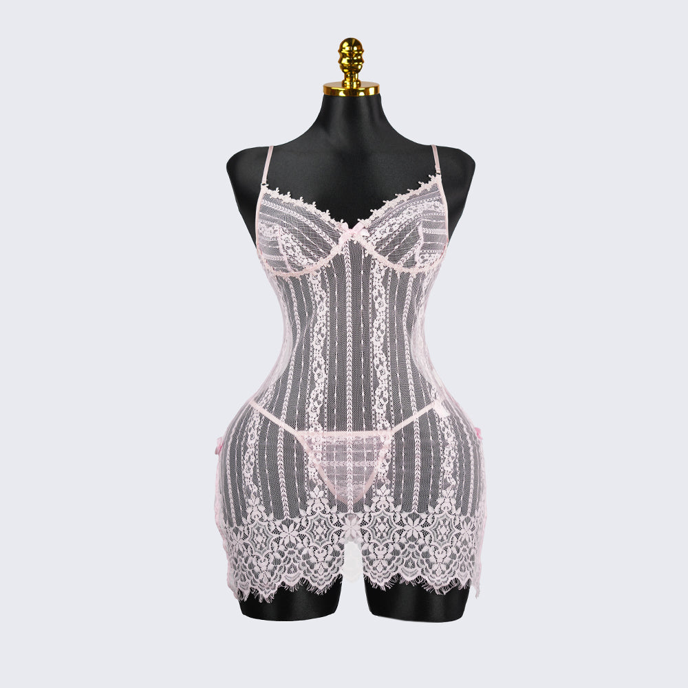Sheer Pink Lace Chemise Slip Dress