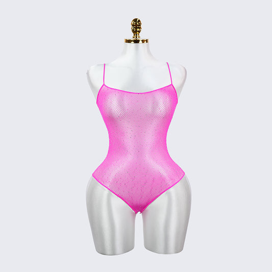 Shiny Rhinestone Glitter Spaghetti Strap Mesh Bodysuit