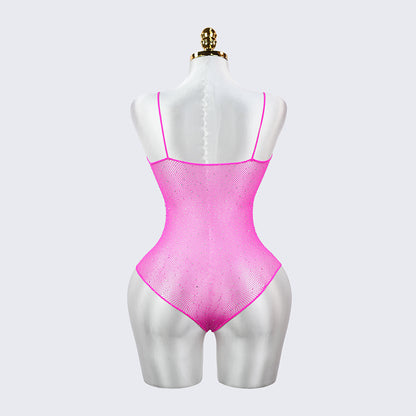 Shiny Rhinestone Glitter Spaghetti Strap Mesh Bodysuit