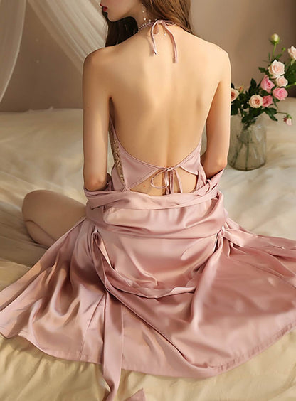 Silk Lace Embroidery French Court-style Suspender Robe Pajama Set