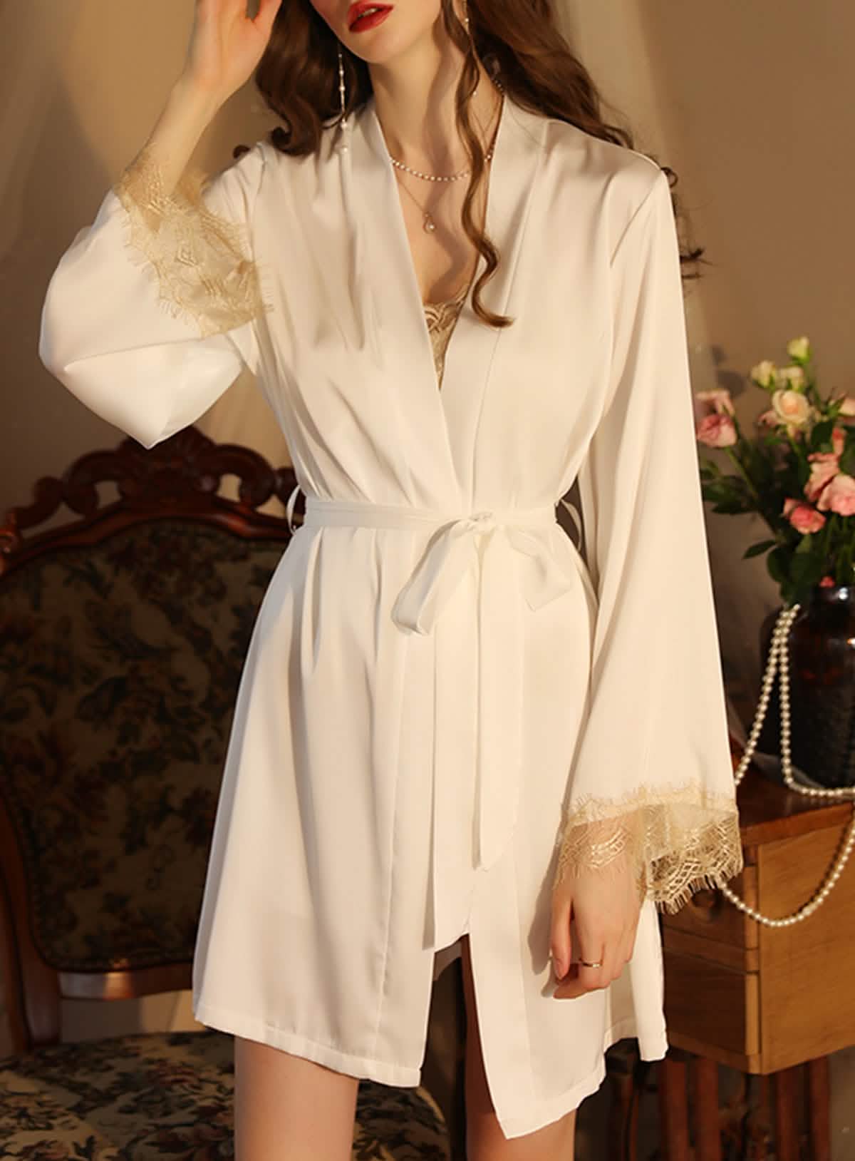 Silk Lace Embroidery French Court-style Suspender Robe Pajama Set