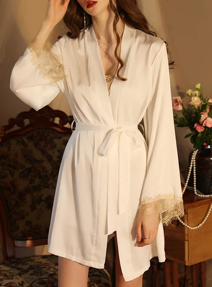 Silk Lace Embroidery French Court-style Suspender Robe Pajama Set