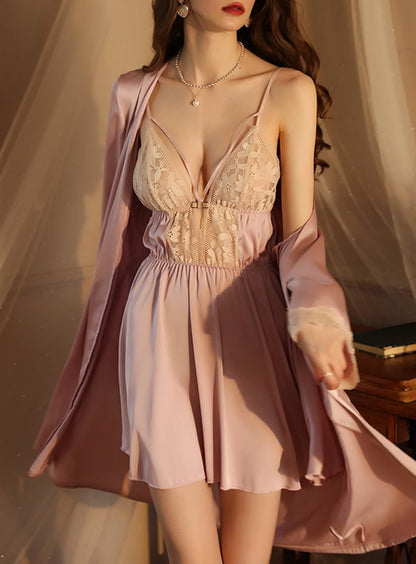 Silk Lace Embroidery Low Cut Backless Dress Robe Set