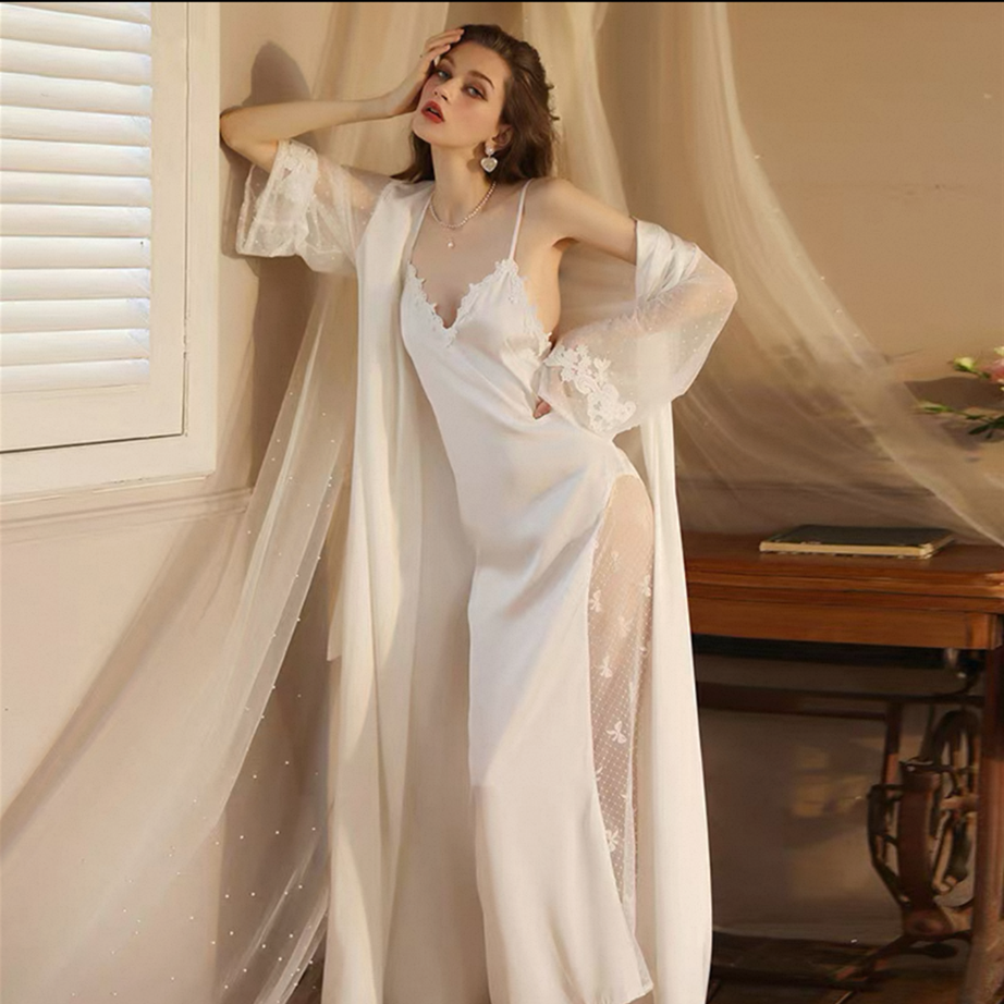 Silk Lace Embroidery Robe Nightdress set