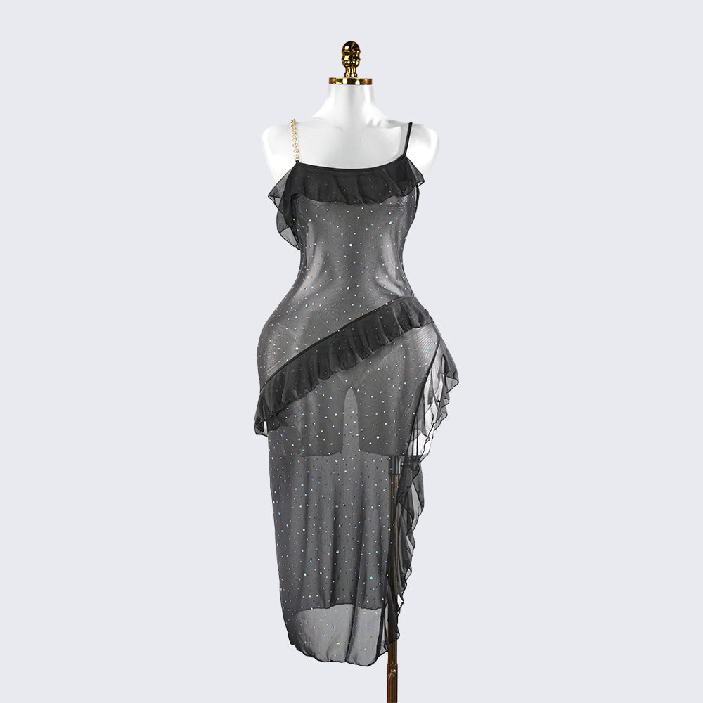 Sparkly Spaghetti Strap Mesh Ruffled Sheer Nightwear Dress Lingerie