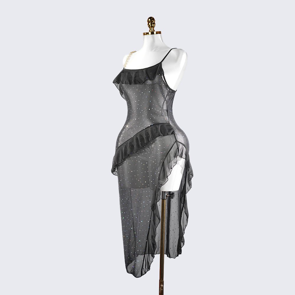 Sparkly Spaghetti Strap Mesh Ruffled Sheer Nightwear Dress Lingerie