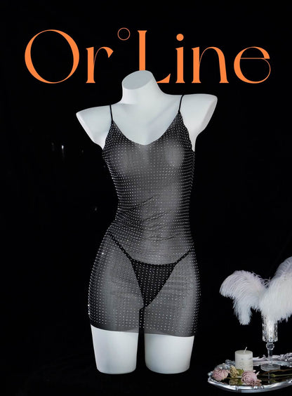 Transparent Mesh Set Black Tassel Chemise