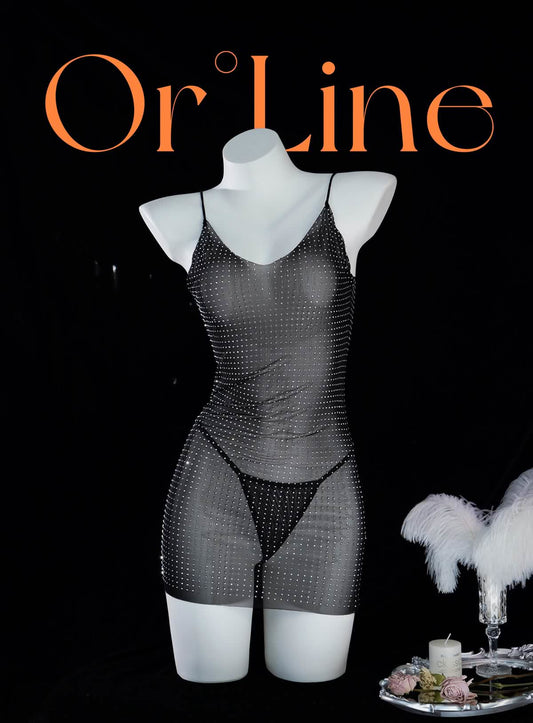 Transparent Mesh Set Black Tassel Chemise