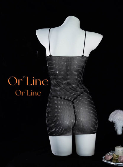 Transparent Mesh Set Black Tassel Chemise