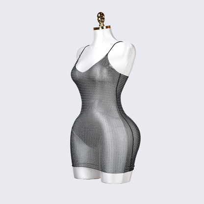 Transparent Mesh Set Black Tassel Chemise
