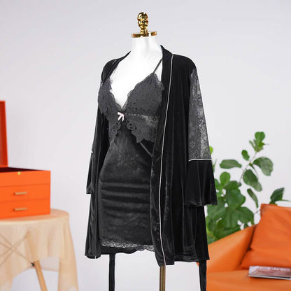 Velvet V-Neck Adjustable Spaghetti Straps Chemise Robe Set