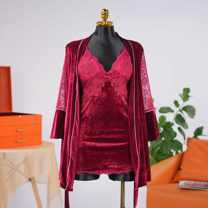 Velvet V-Neck Adjustable Spaghetti Straps Chemise Robe Set