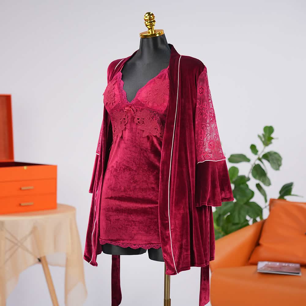 Velvet V-Neck Adjustable Spaghetti Straps Chemise Robe Set