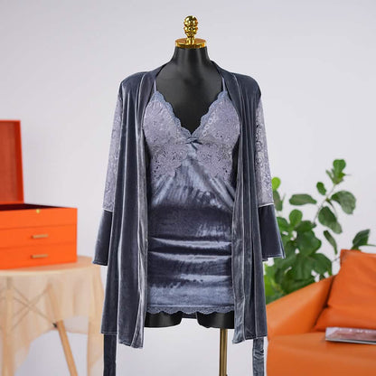 Velvet V-Neck Adjustable Spaghetti Straps Chemise Robe Set