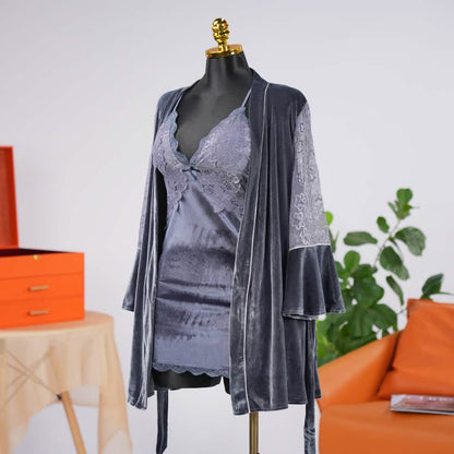 Velvet V-Neck Adjustable Spaghetti Straps Chemise Robe Set