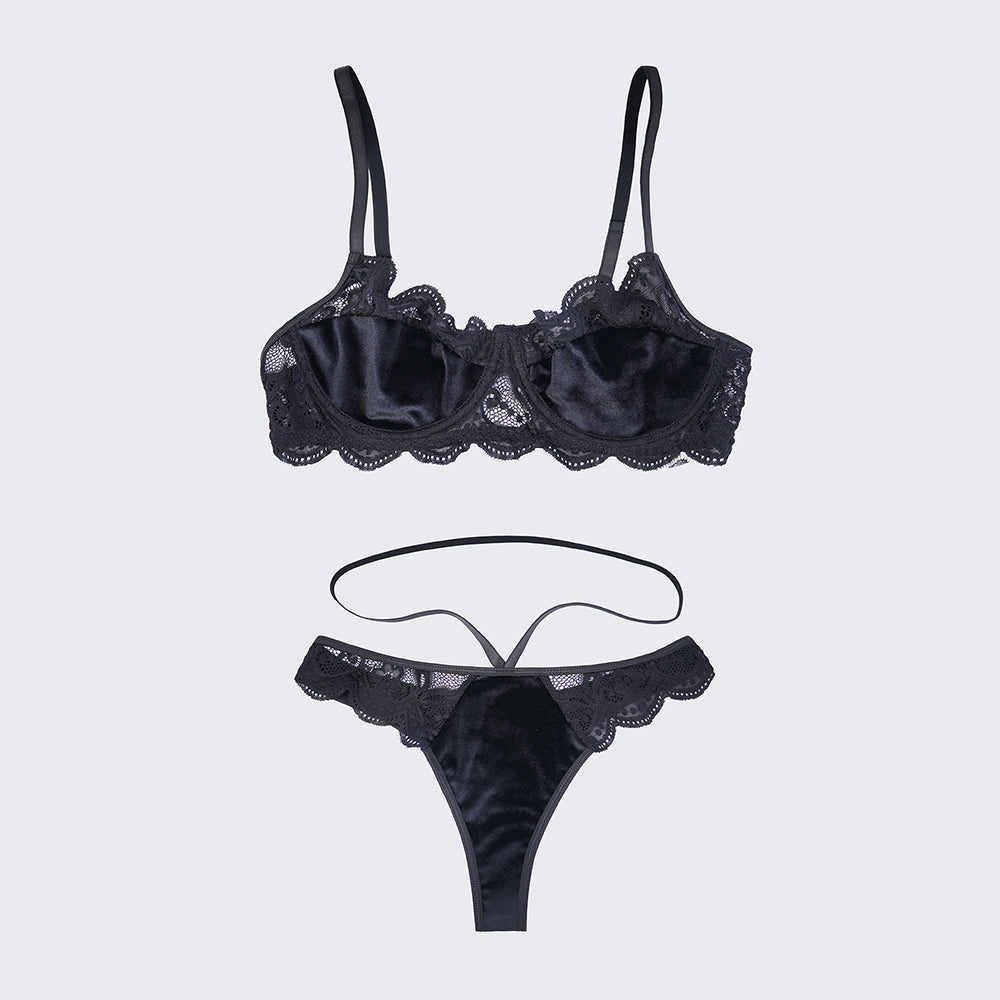 Velvet Lace Trim Sexy Plush See Through Push Up Bra Panty Set