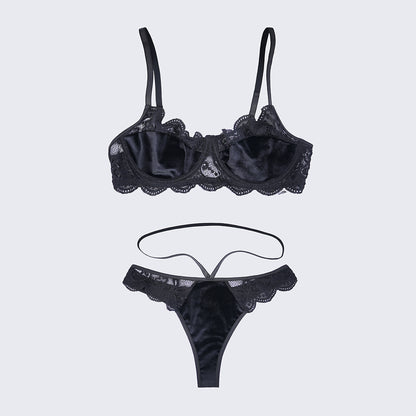 Velvet Lace Trim Sexy Plush See Through Push Up Bra Panty Set
