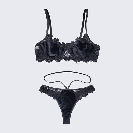 Velvet Lace Trim Sexy Plush See Through Push Up Bra Panty Set