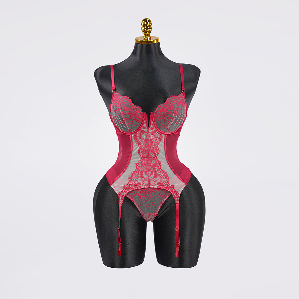 Lace Floral Embroidered Bodysuit Gloves Set