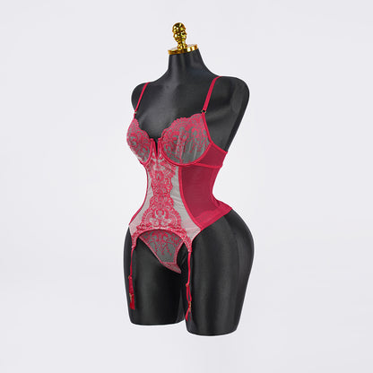 Lace Floral Embroidered Bodysuit Gloves Set