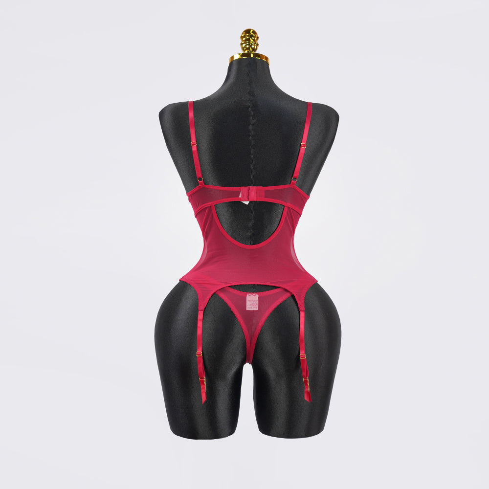 Lace Floral Embroidered Bodysuit Gloves Set