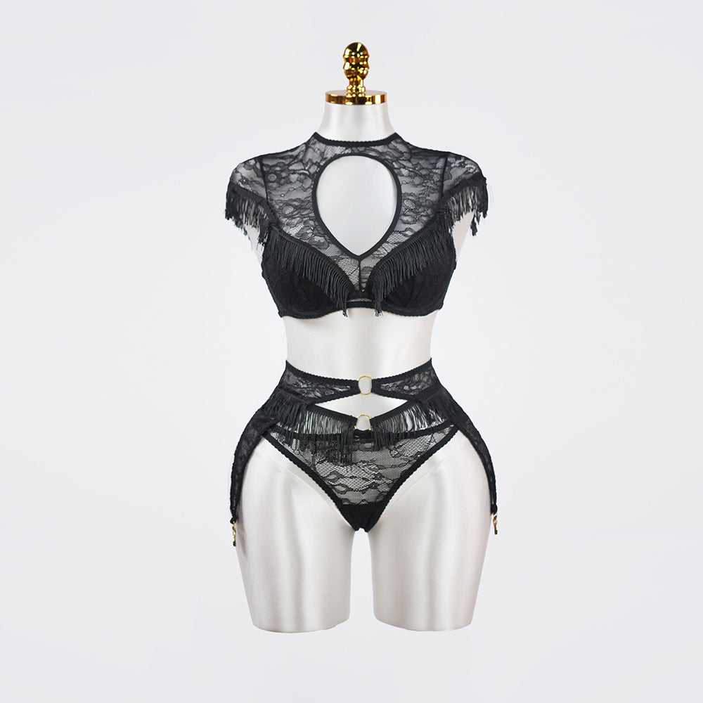 Fringe Sheer Halter Top Panty Set