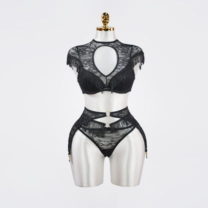 Fringe Sheer Halter Top Panty Set