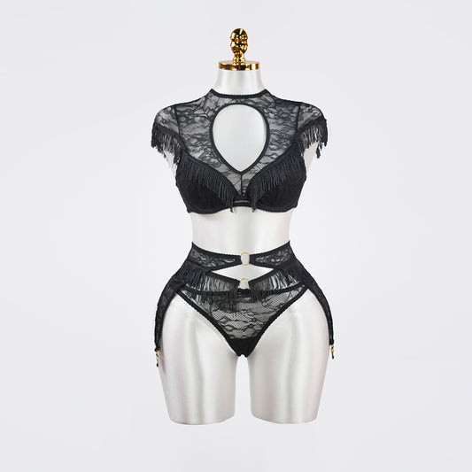 Fringe Sheer Halter Top Panty Set