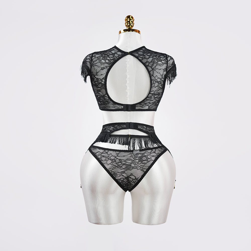 Fringe Sheer Halter Top Panty Set