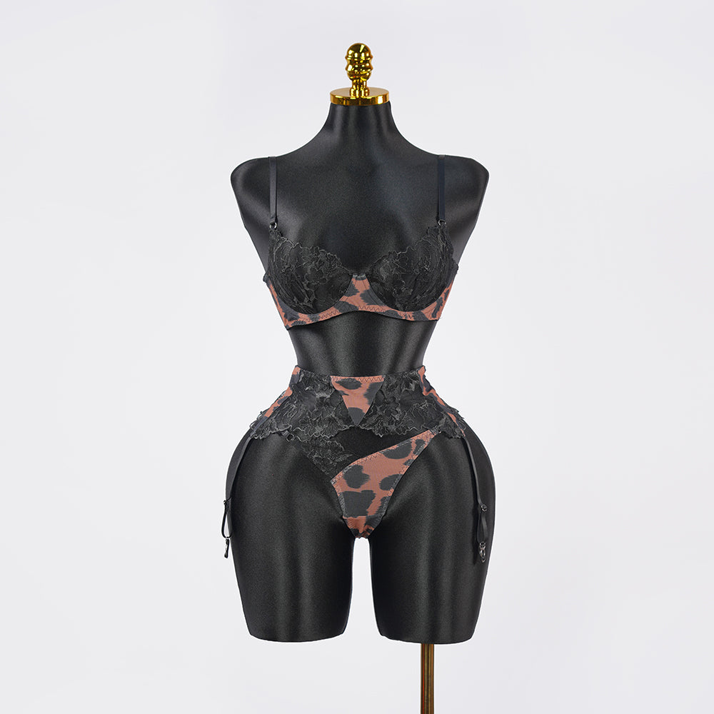 Leopard Print Embroidered Bra Panty Set