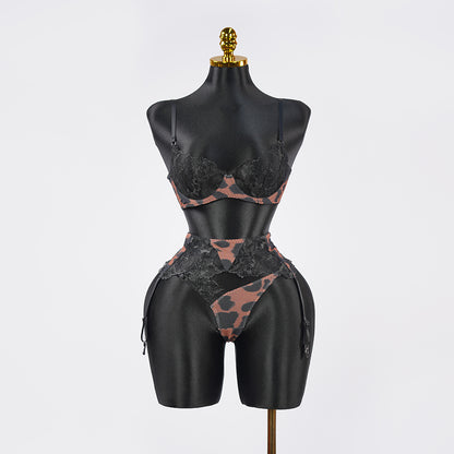 Leopard Print Embroidered Bra Panty Set