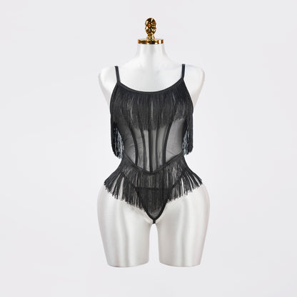 Black Sheer Fringe Corset Panty Set